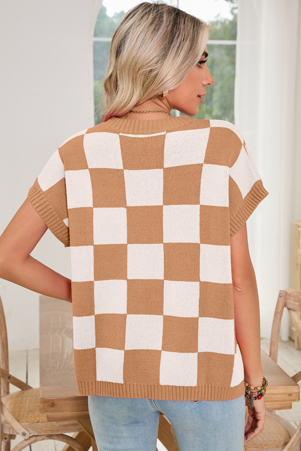 Beige Checkered Dolman Sweater