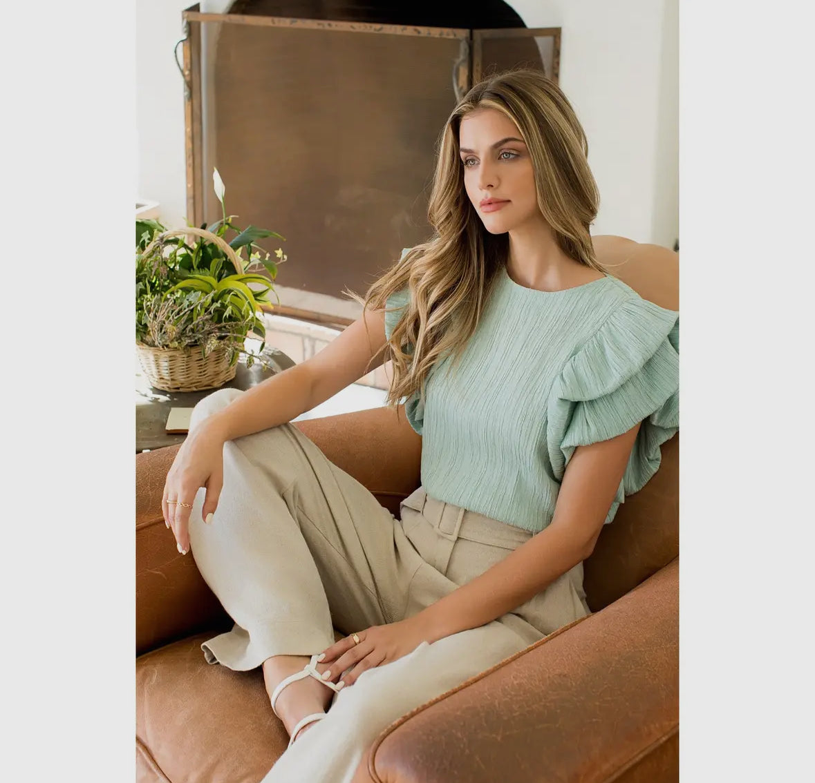 Mint Textured Ruffle Puff Sleeve Blouse