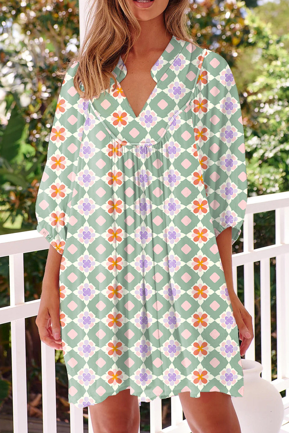 Geometric Floral 3/4 Sleeve Dress