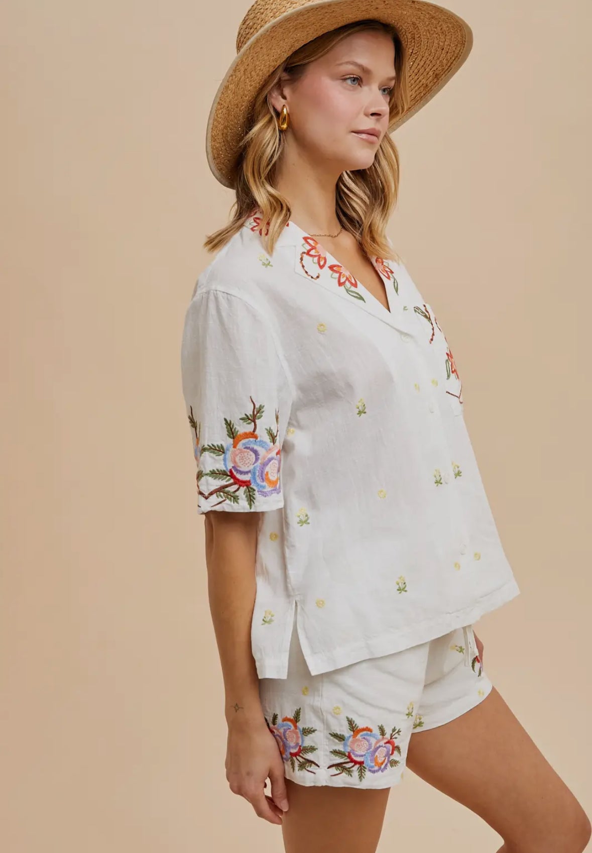 Embroidered Button Down Top + Shorts