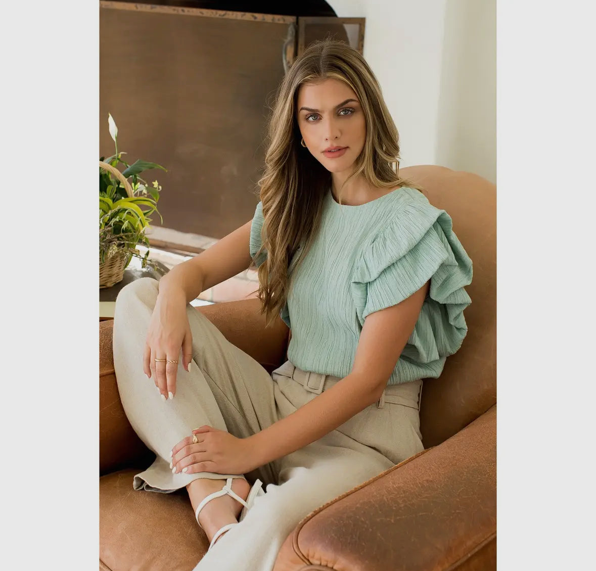 Mint Textured Ruffle Puff Sleeve Blouse