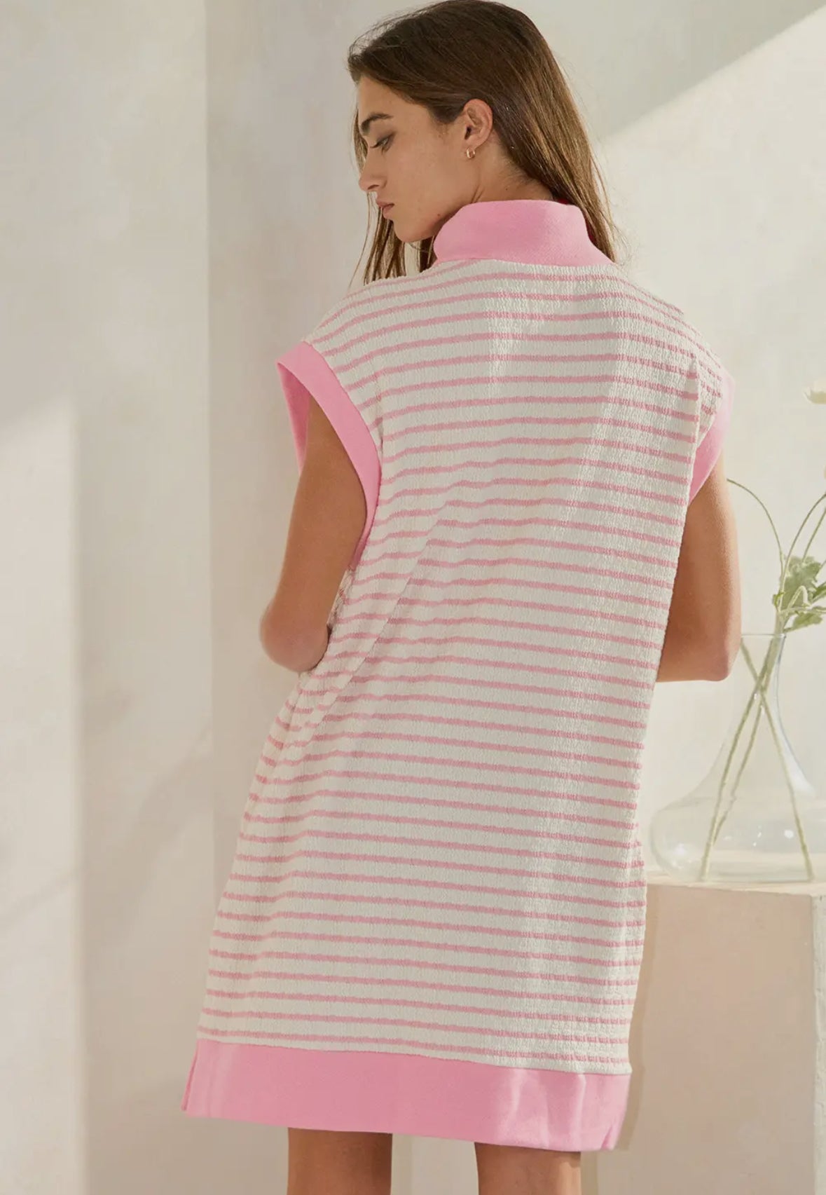 Textured Pink Stripe Half Zip Dress