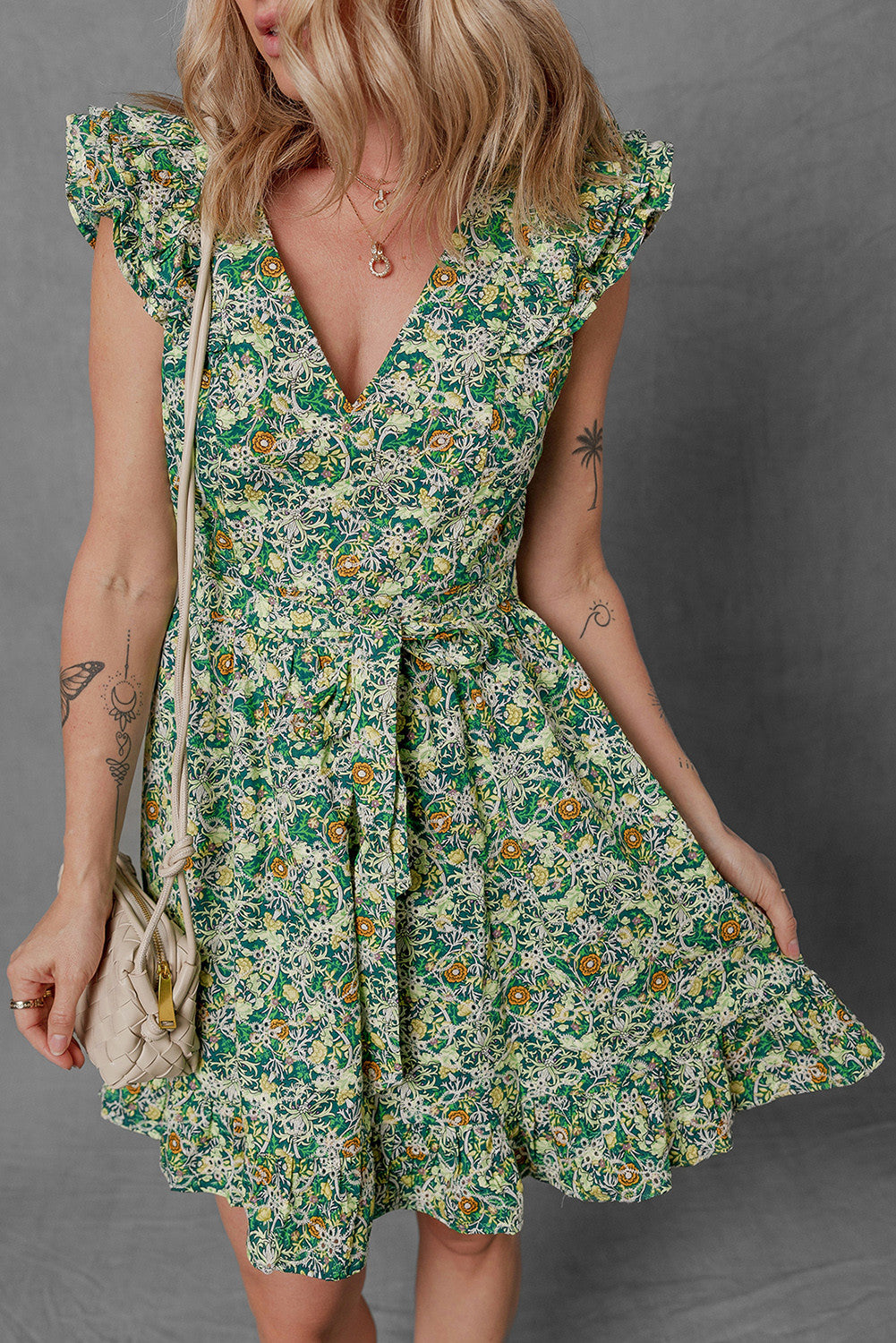 Floral Flutter Sleeve V-Neck Ruffle Dress