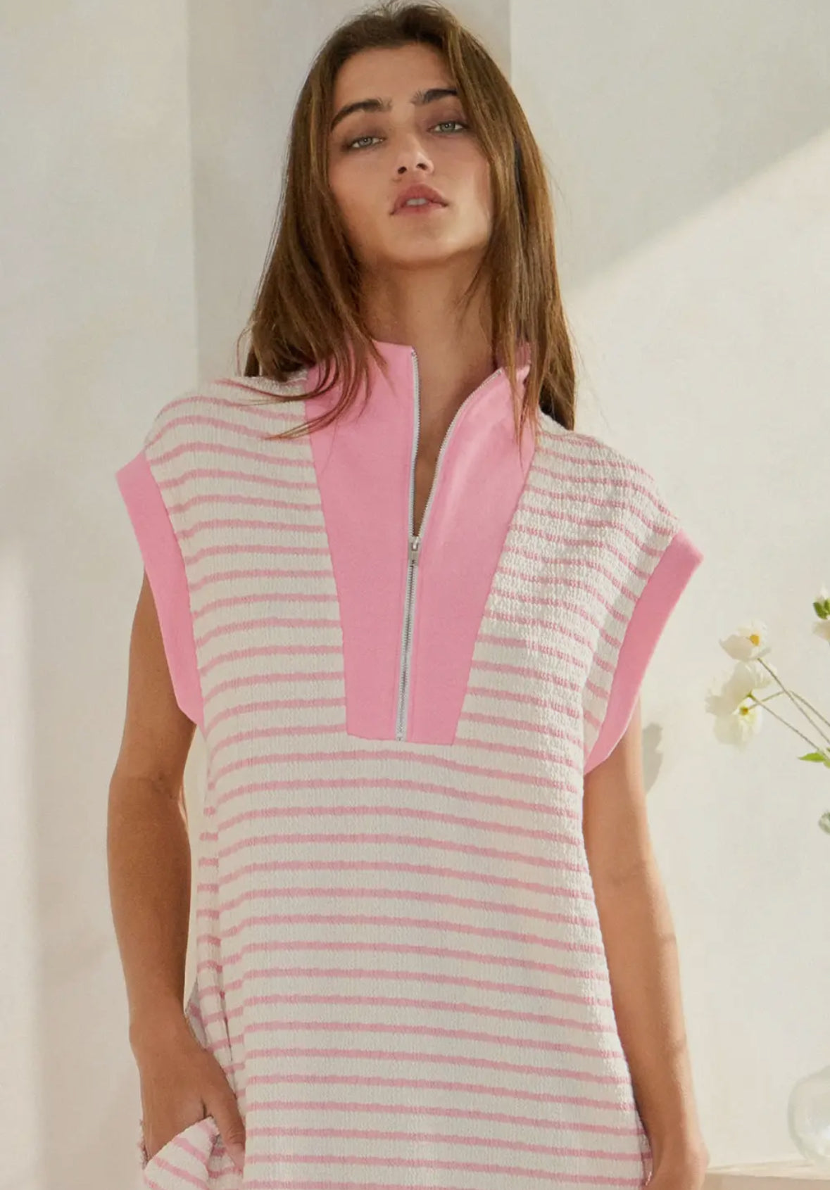 Textured Pink Stripe Half Zip Dress