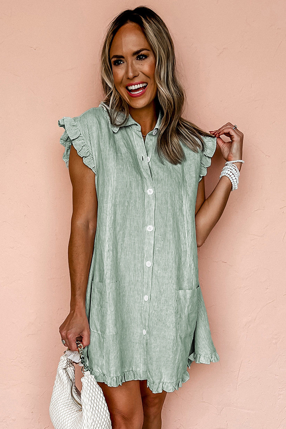 Striped Button Up Frill Trim Dress
