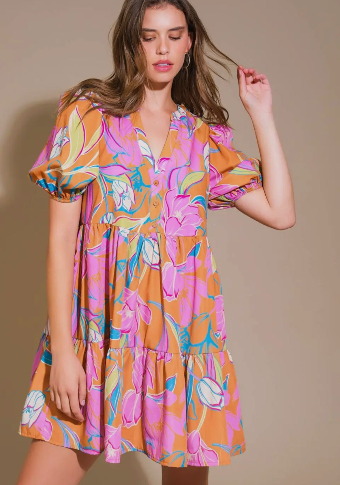Button Bodice Pink Floral Dress