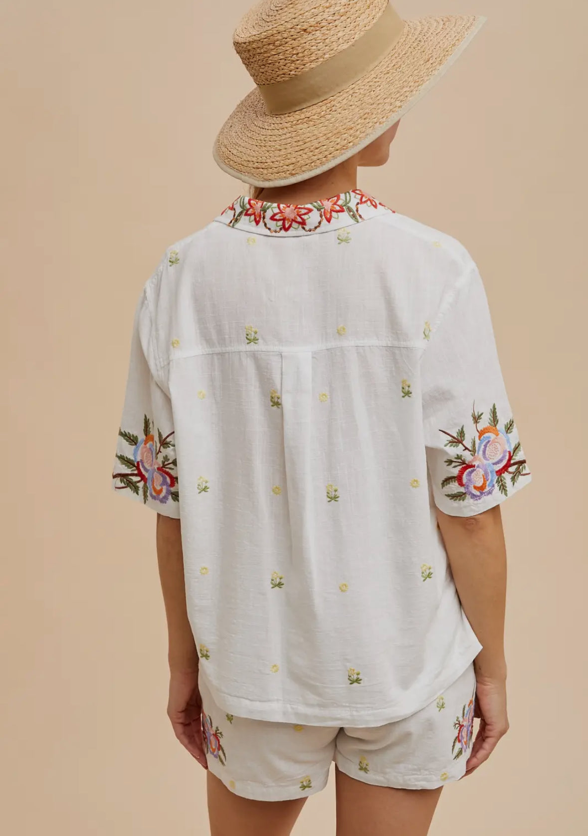 Embroidered Button Down Top + Shorts