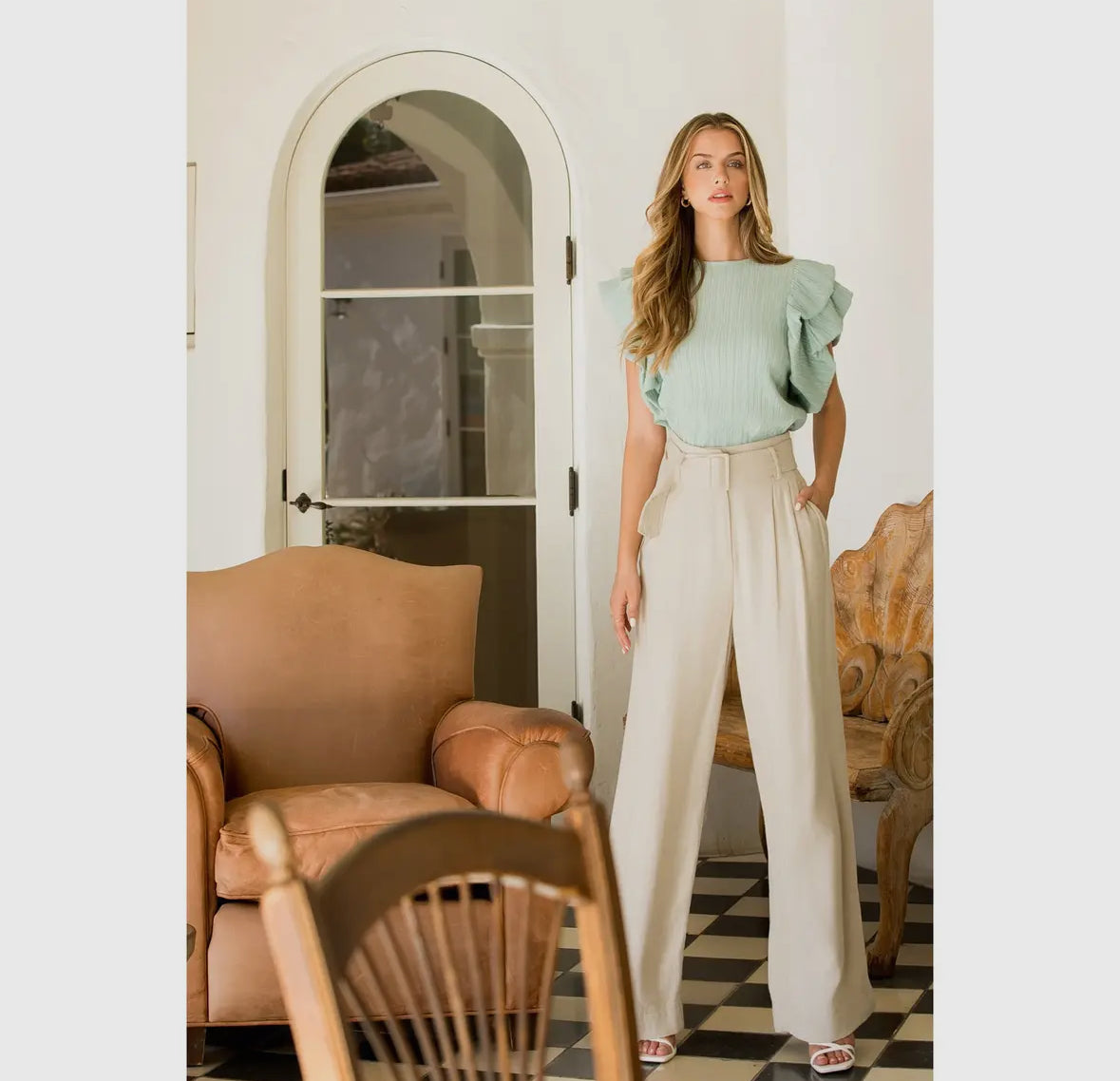 Mint Textured Ruffle Puff Sleeve Blouse