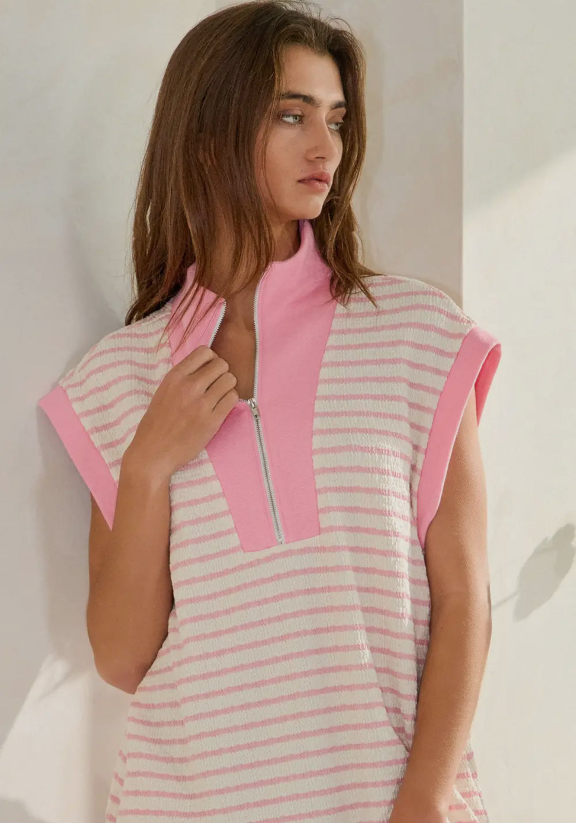 Textured Pink Stripe Half Zip Dress