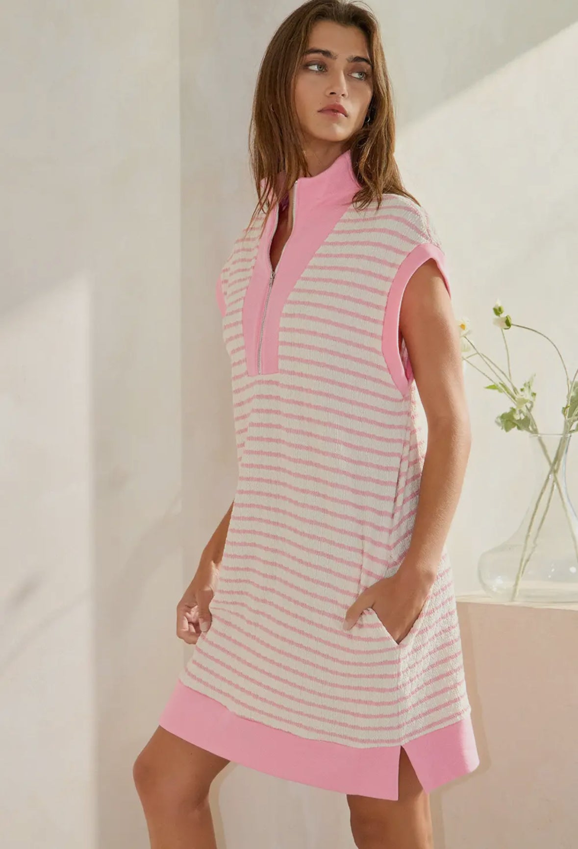 Textured Pink Stripe Half Zip Dress