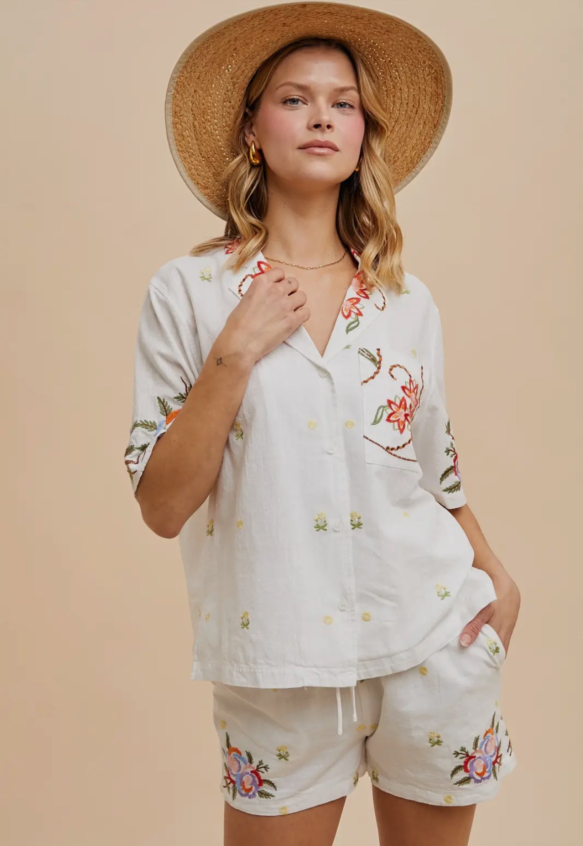 Embroidered Button Down Top + Shorts