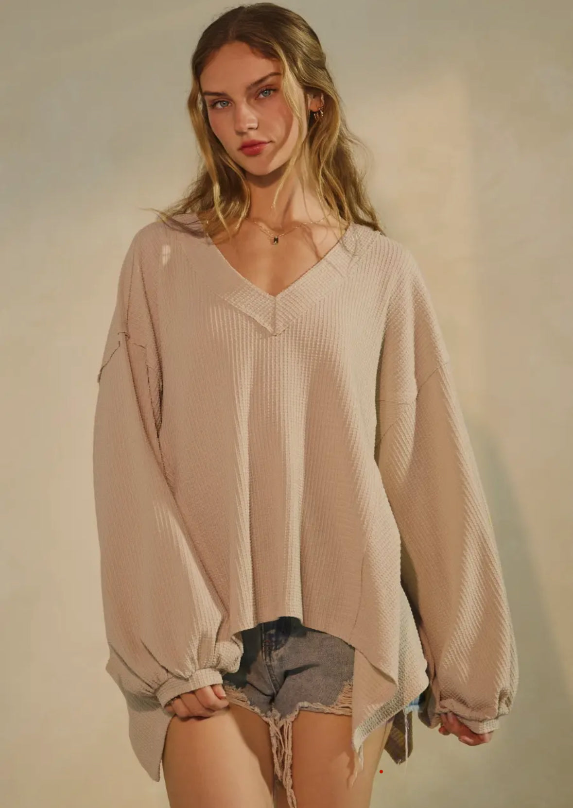 Cream Textured V-Neck Top