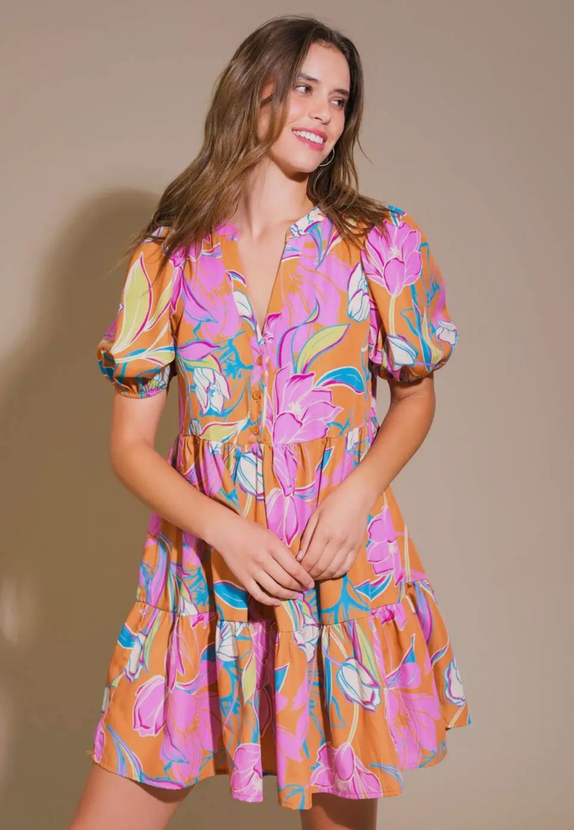 Button Bodice Pink Floral Dress
