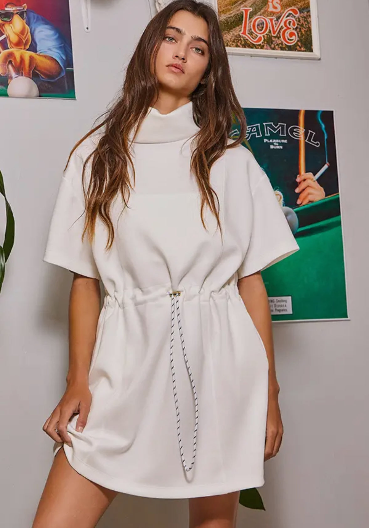 Roll Neck Off White Drawstring Dress