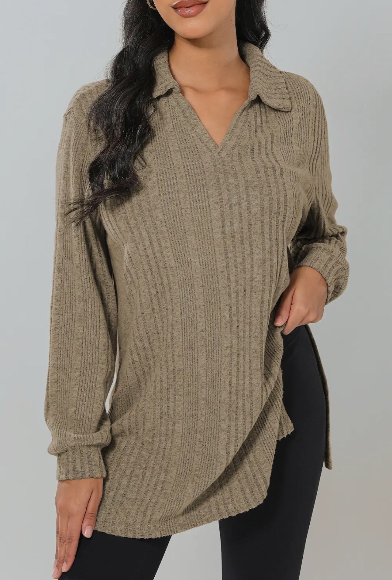 Ribbed Knit V Neck Collared Split Hem Tunic