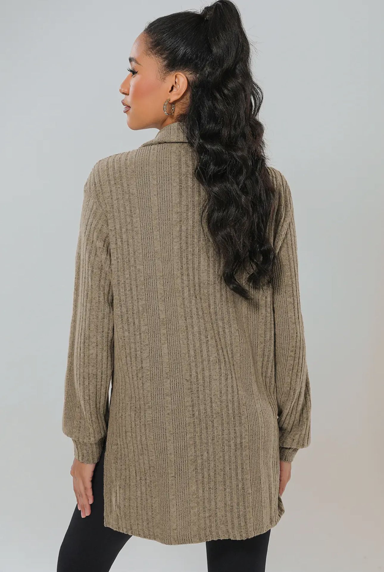 Ribbed Knit V Neck Collared Split Hem Tunic