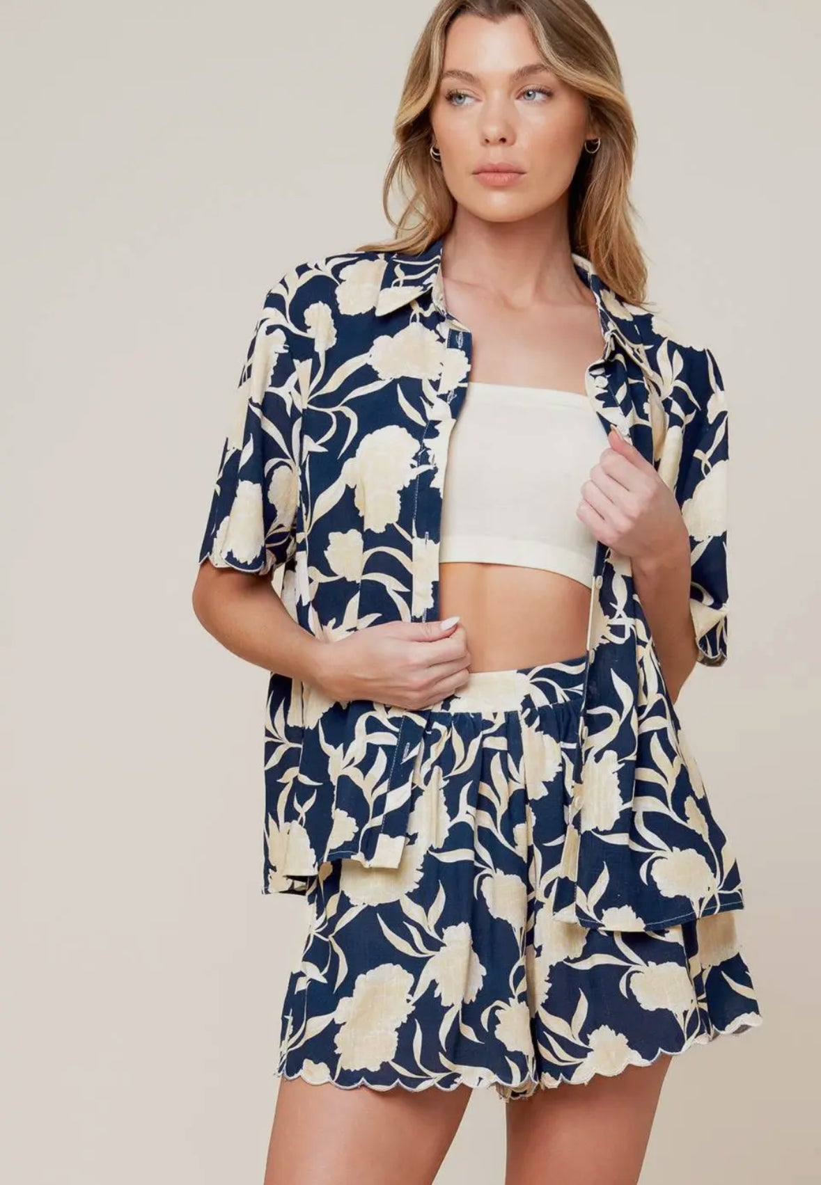 Navy Floral Scalloped Edge Set