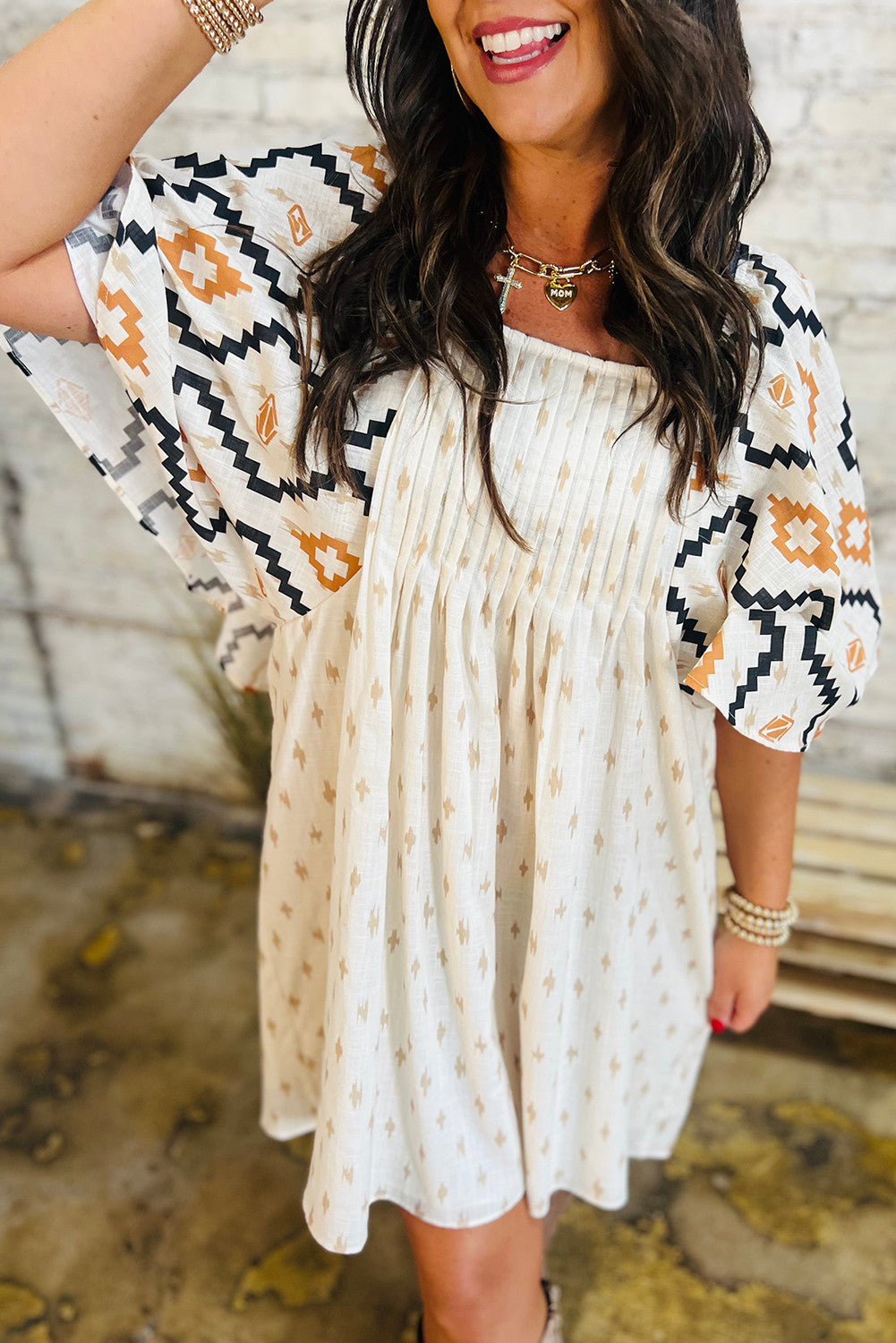 Geometric Print Pleated Square Neck Dress