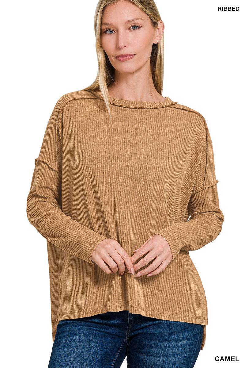 Ribbed Drop Shoulder Round Neck Sweater