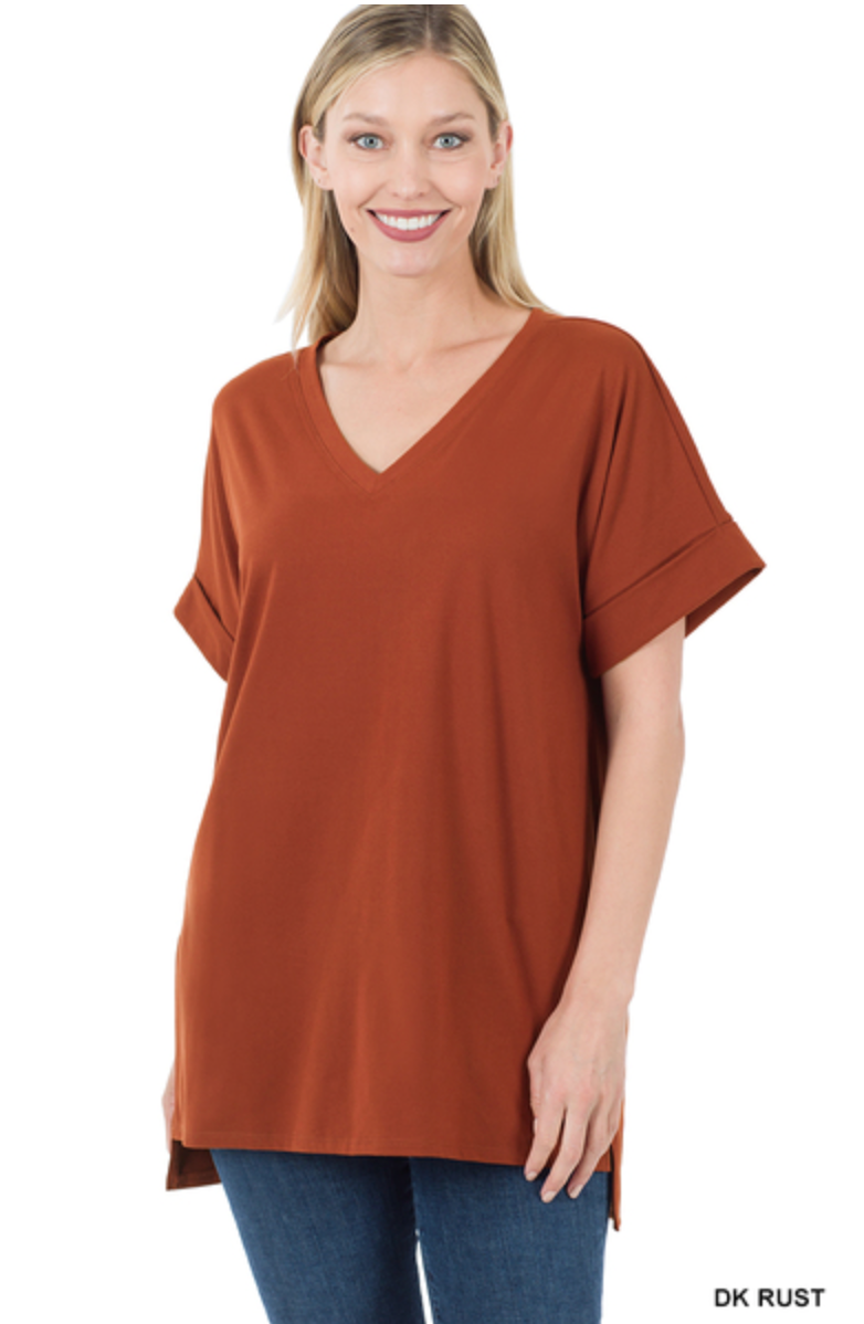 Rolled Short Sleeve V-Neck With Side Slit