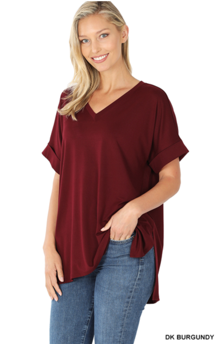 Rolled Short Sleeve V-Neck With Side Slit