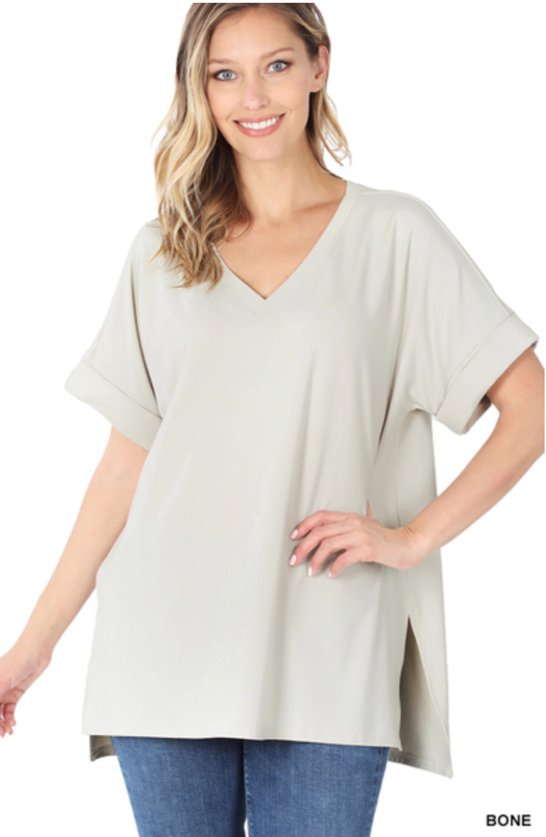 Rolled Short Sleeve V-Neck With Side Slit