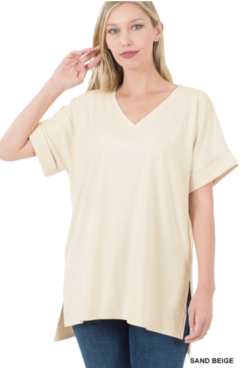Rolled Short Sleeve V-Neck With Side Slit