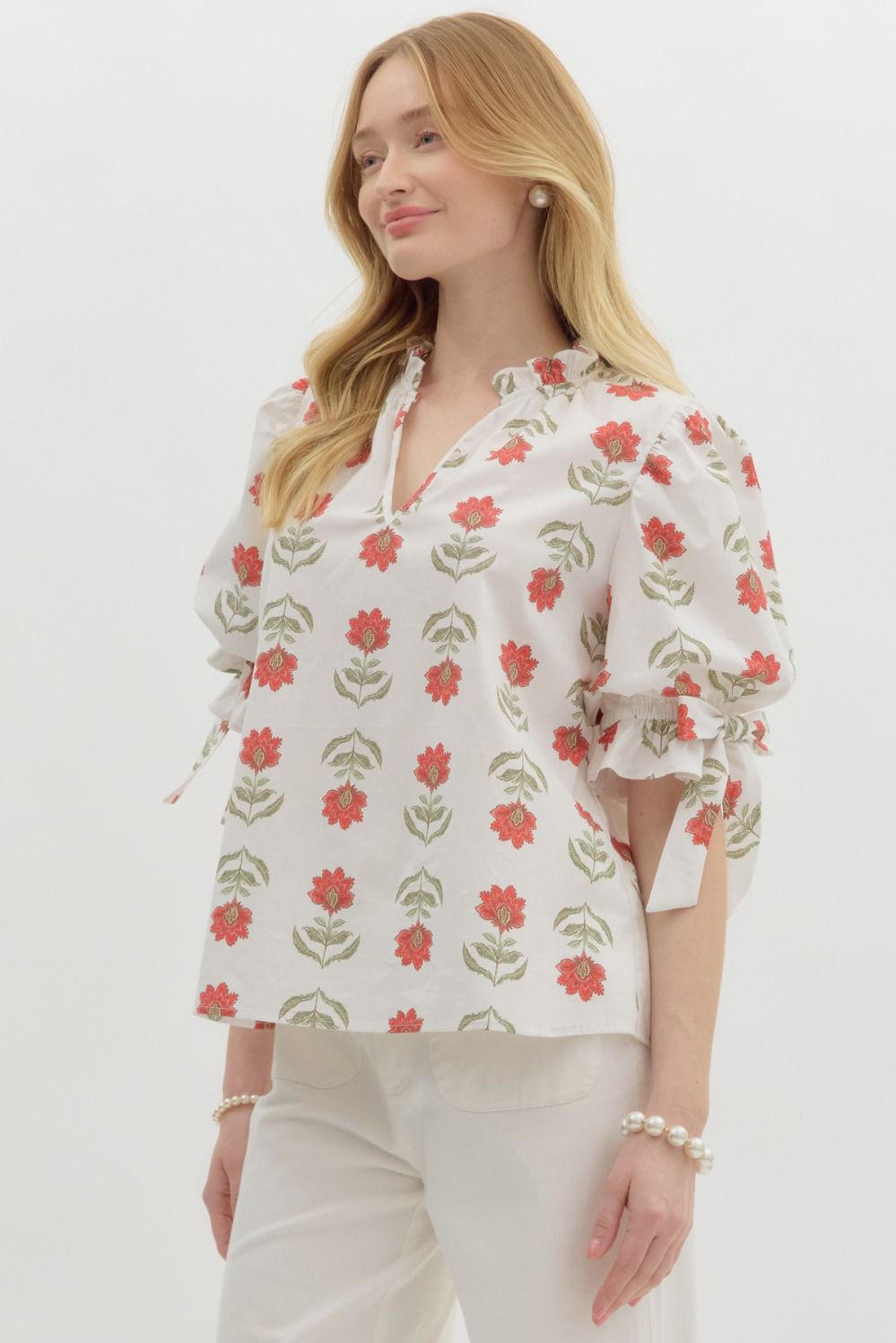Split Floral Ruffle Neck Pullover