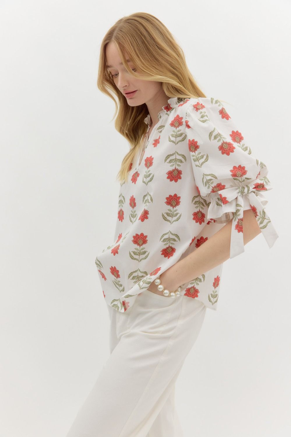 Split Floral Ruffle Neck Pullover