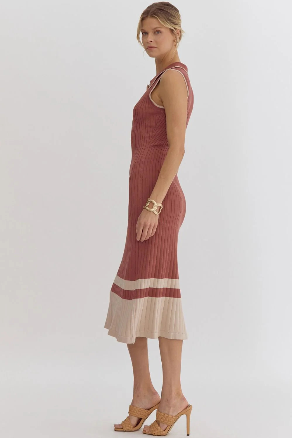 Ribbed Cinnamon Collared Midi Dress