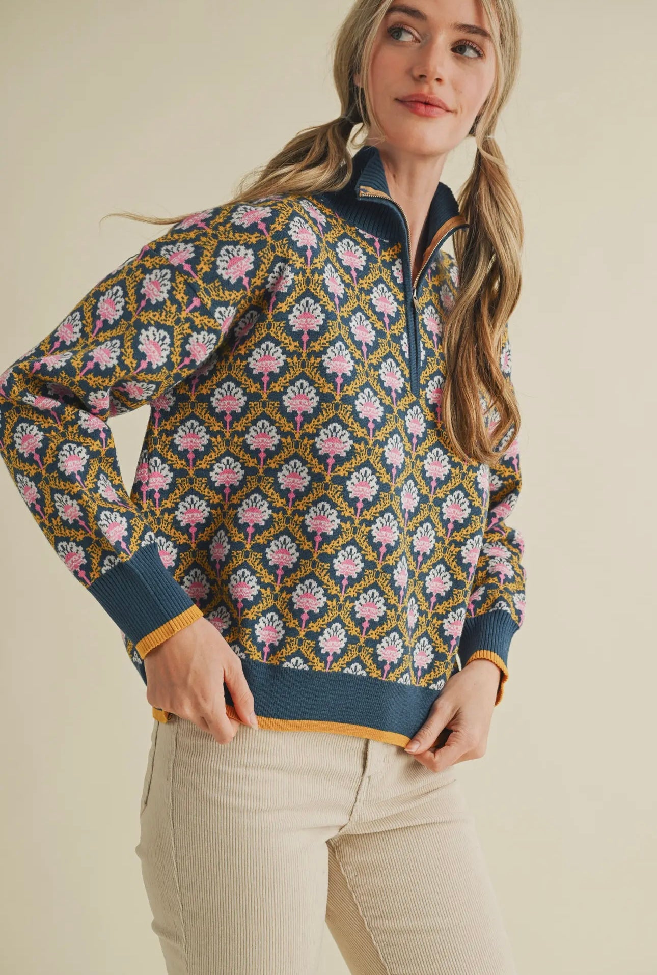 Floral Knit Half Zip Sweater