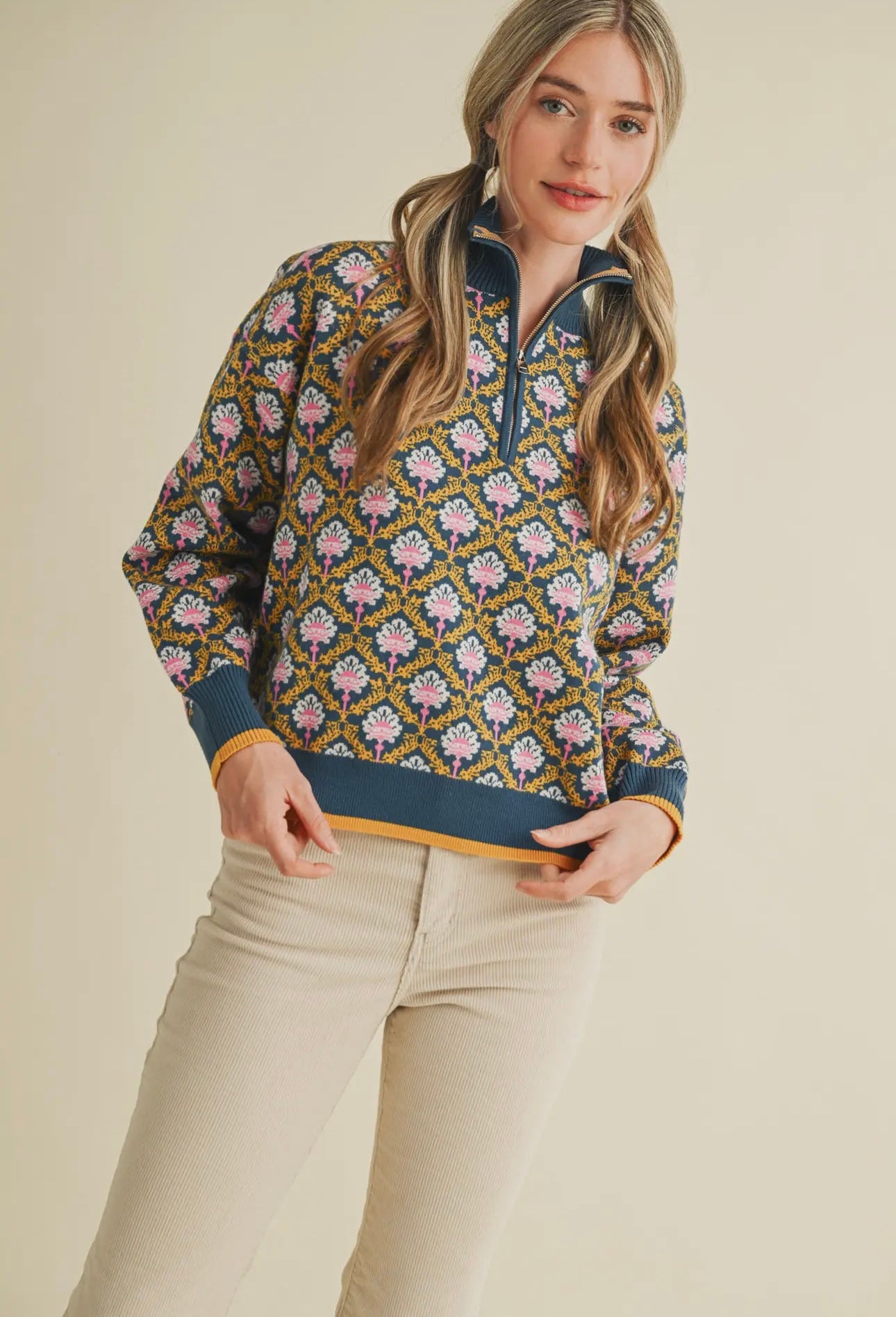 Floral Knit Half Zip Sweater