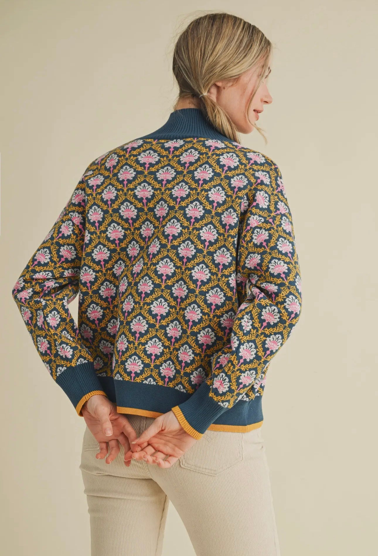 Floral Knit Half Zip Sweater