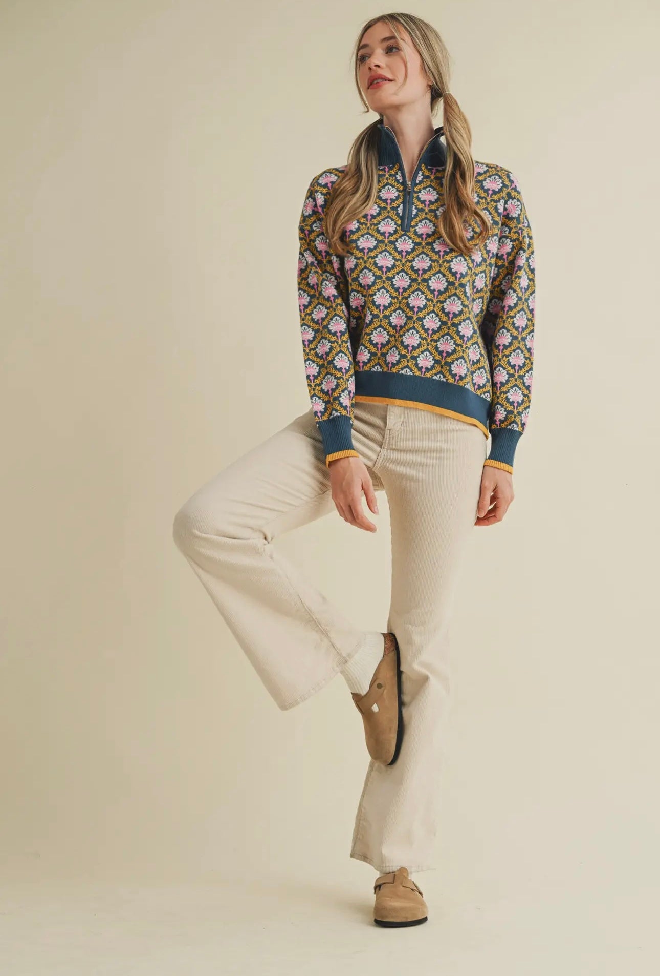 Floral Knit Half Zip Sweater