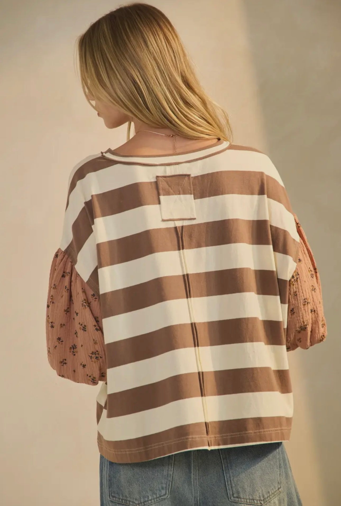 Stripped Floral Puff Sleeve Top