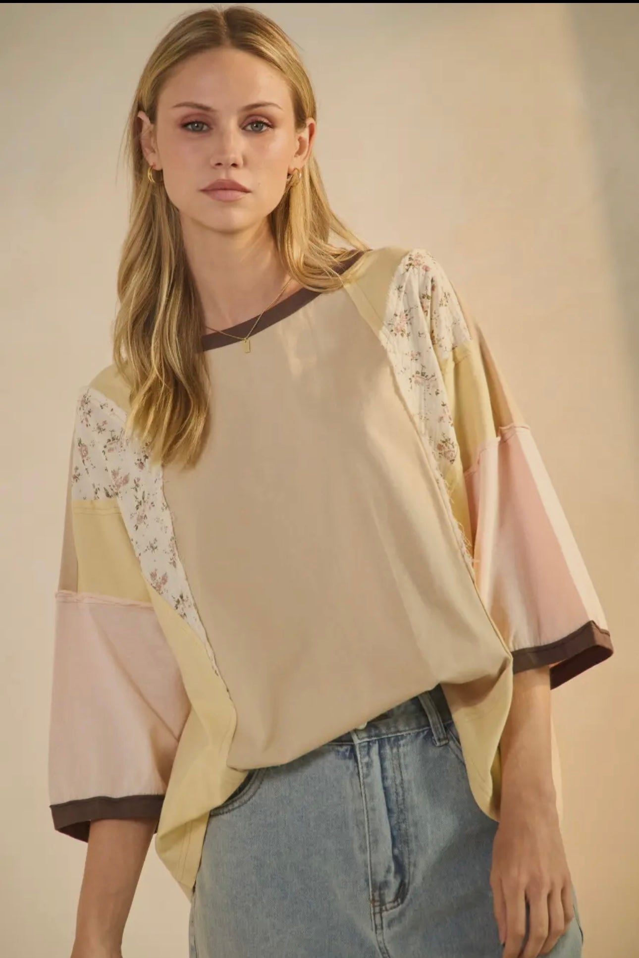 Color Blocked Floral Jersey Top
