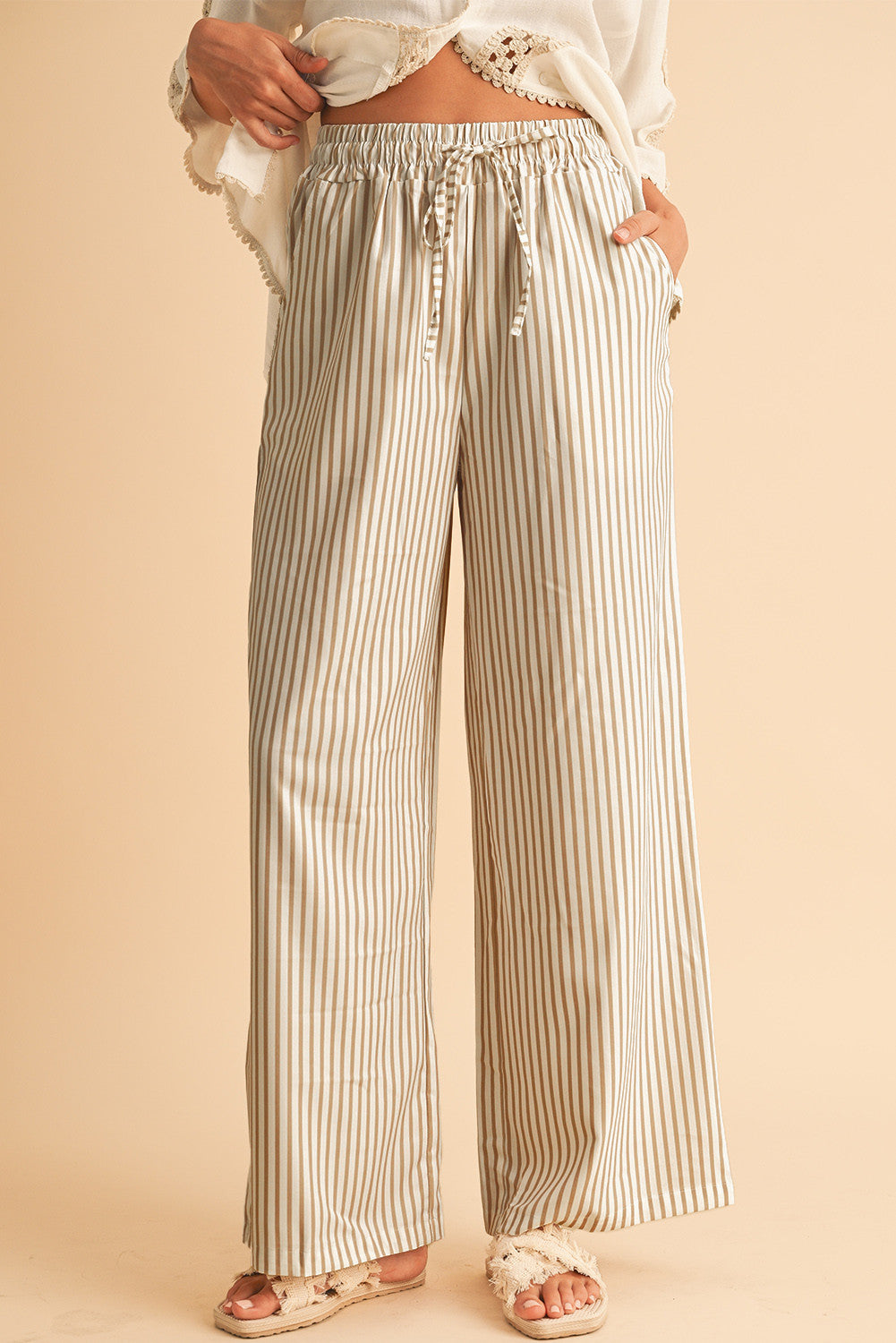 Khaki Striped Drawstring Pants