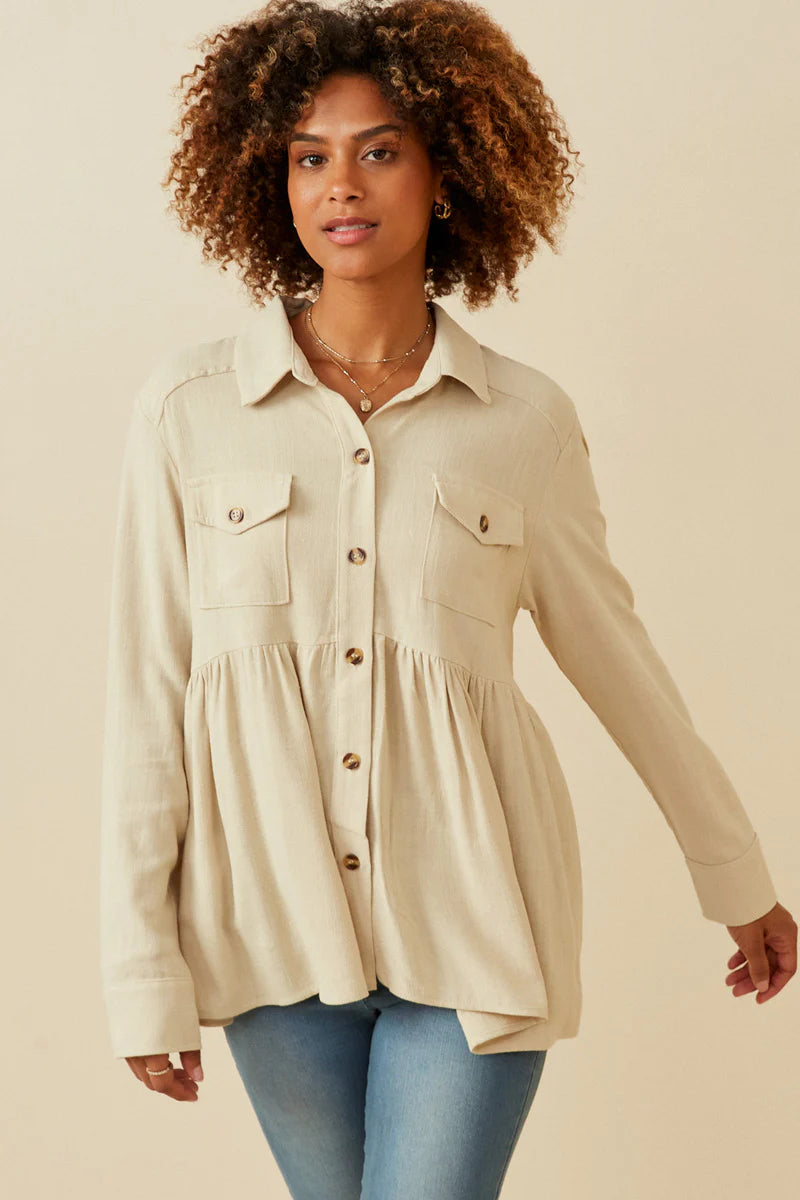 Linen Blend Peplum Button Up