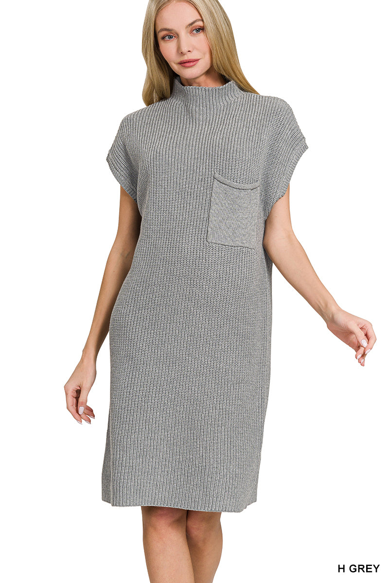 Mock Neck Short Sleeve Sweater Dress with Pocket