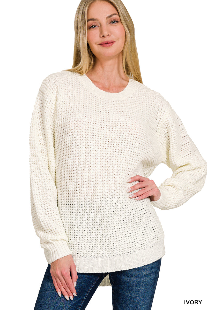 Hi-Lo Round Neck Long Sleeve Waffle Knit Sweater