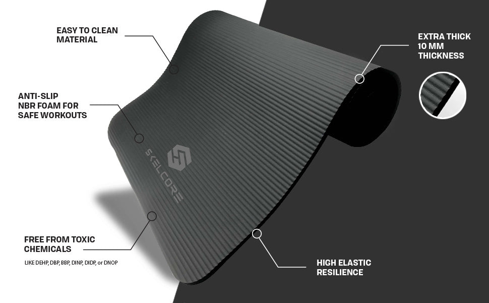 Extra Long Thick Exercise Mat with Carrying Strap - Black