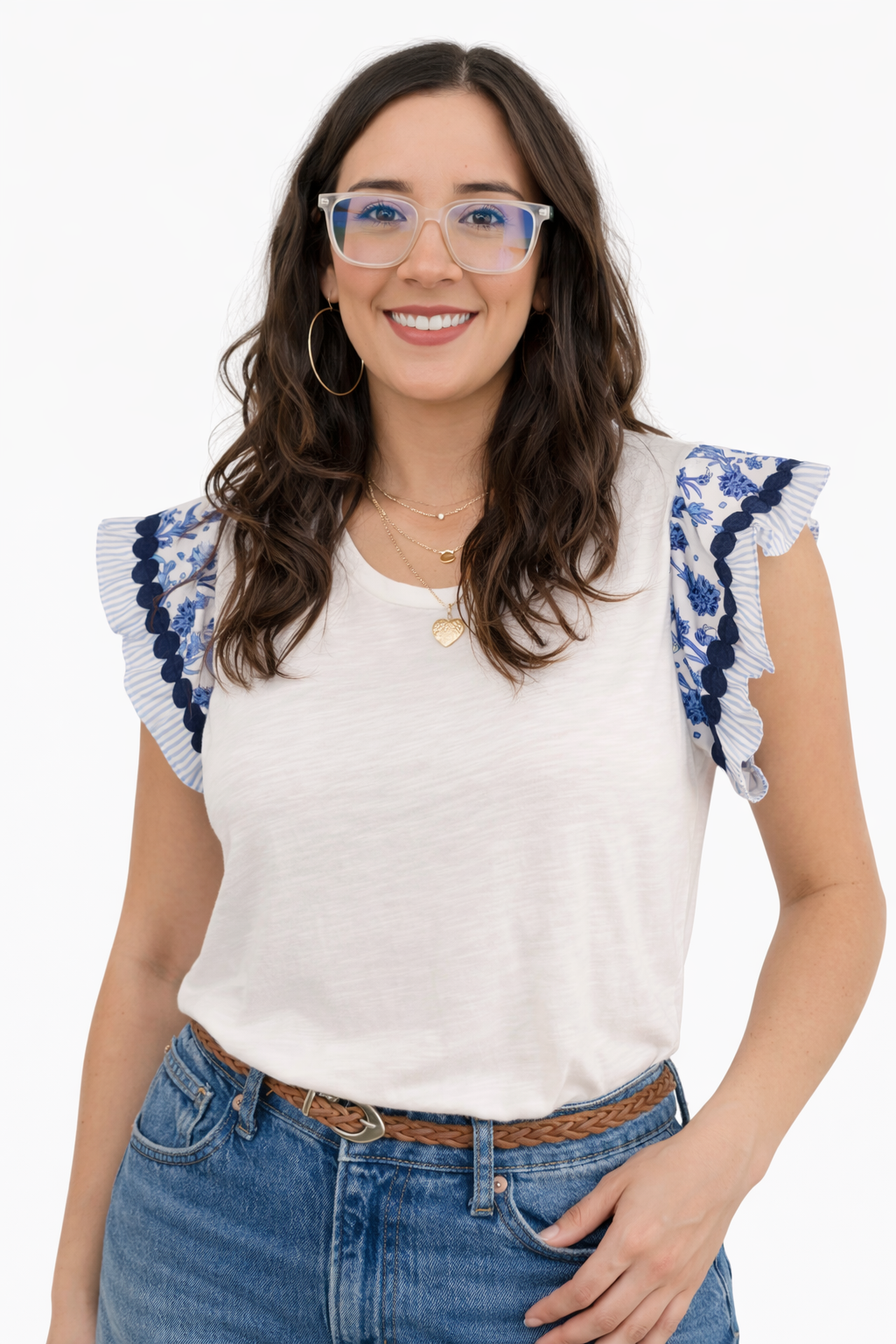 Blue Vintage Floral Flutter Sleeve Blouse