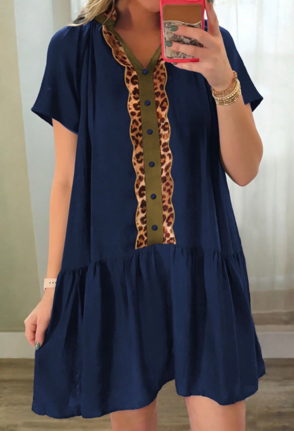 Navy Blue + Leopard Trim Dress