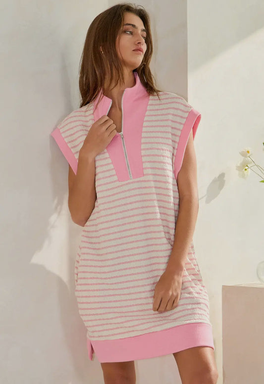 Textured Pink Stripe Half Zip Dress