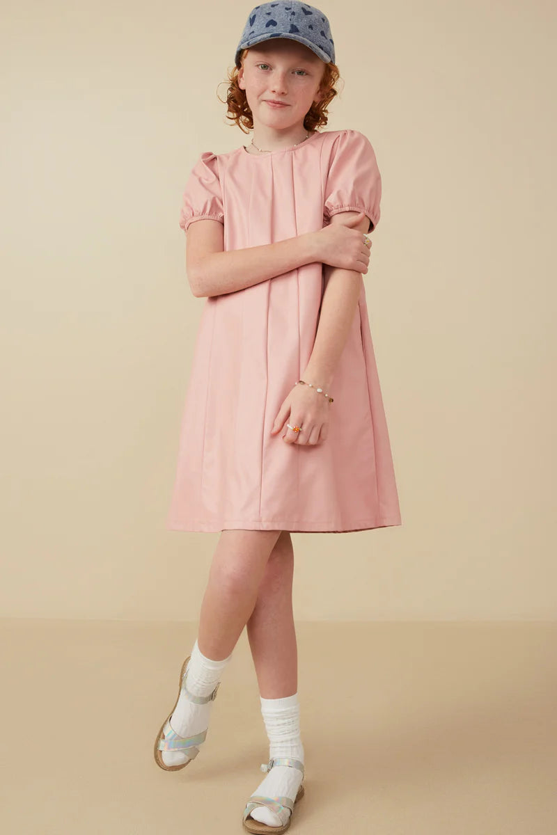 Puff Sleeve Pleat Detail Vegan Leather Dress