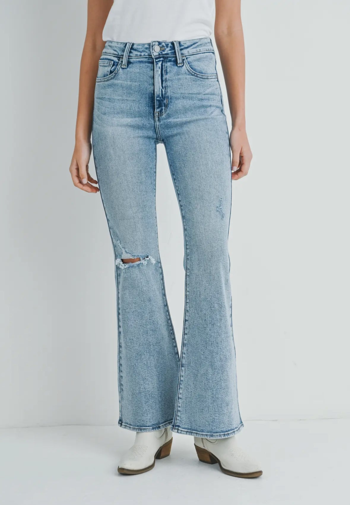 One Knee Distressed Flare Jean