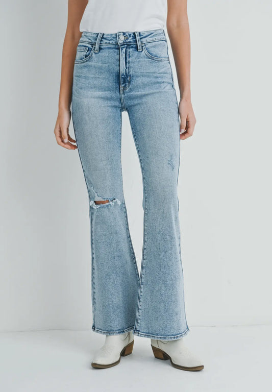 One Knee Distressed Flare Jean