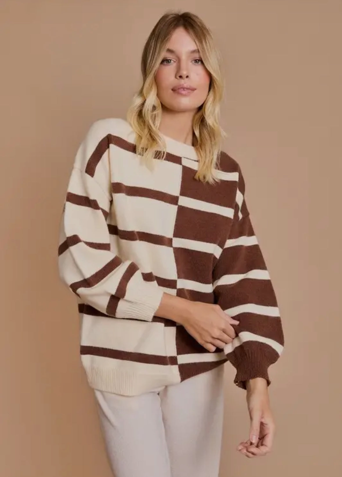 Cream & Brown Contrast Stripe Sweater