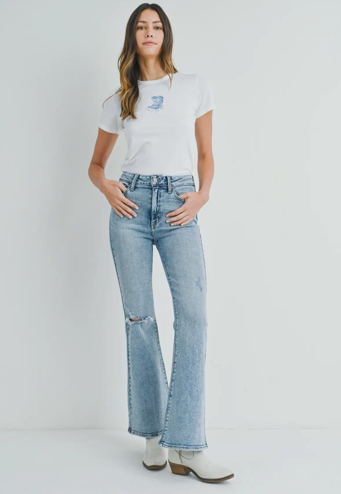 One Knee Distressed Flare Jean