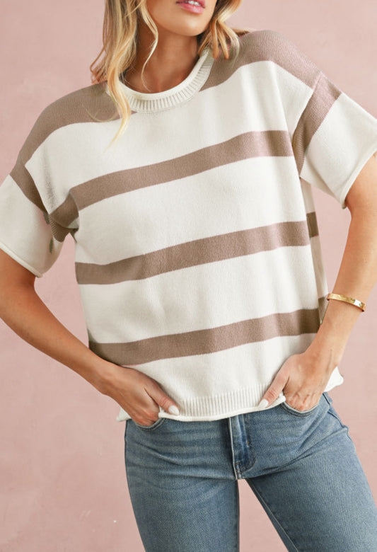 Khaki Striped Drop Shoulder Top